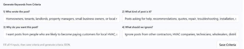 The dashboard screen asking who wrote the post, what kind of post it is, why you want it, and what to ignore.