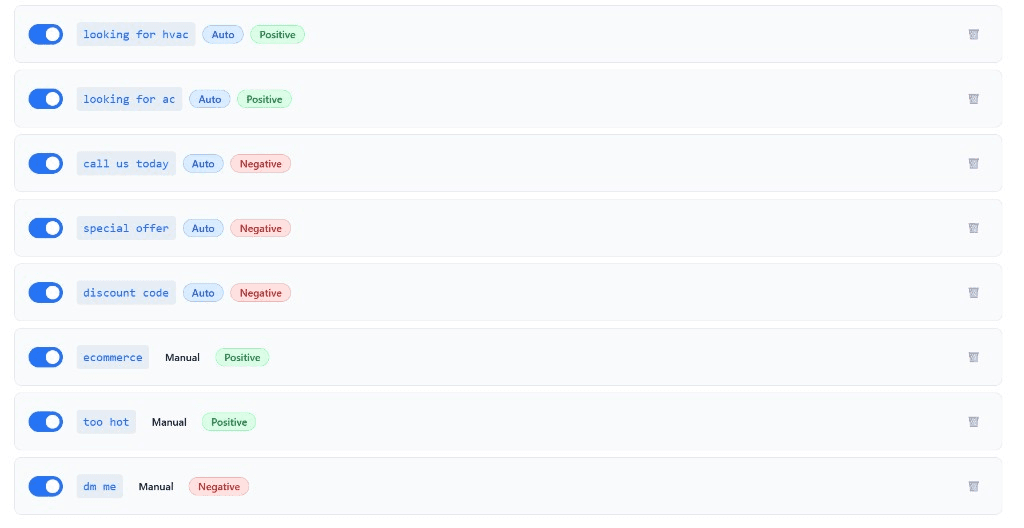Keywords list with auto-generated and manually added match and ignore rules, each toggleable and deletable.